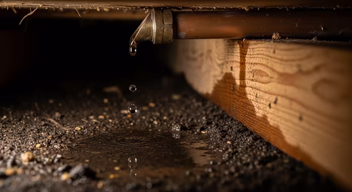 A leaky copper pipe in a dark crawlspace, with water dripping onto the soil and wooden beams below, creating a damp environment perfect for termites.