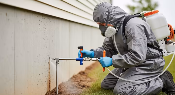 A pest control professional in uniform injecting termiticide into the ground along the foundation of a house.