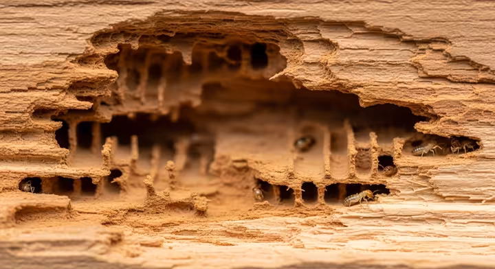 Close-up of a wooden beam that has been hollowed out by termites, revealing the intricate network of tunnels and galleries inside.