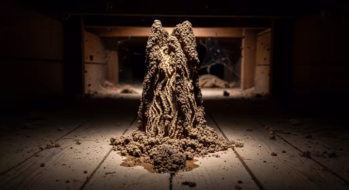 A large termite tower, made of dried mud and soil, emerging from the wooden floor of a home's crawlspace.