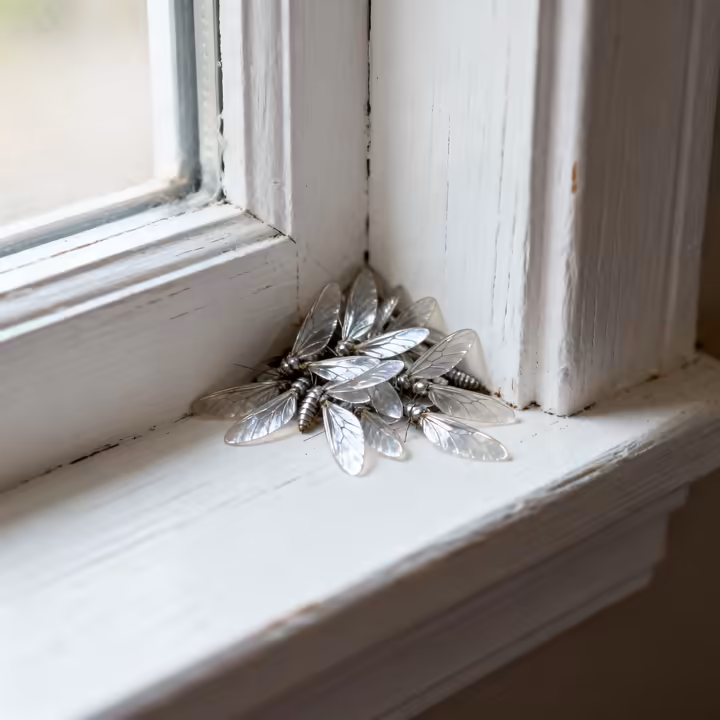 A small pile of delicate, translucent termite wings discarded on a wooden windowsill.