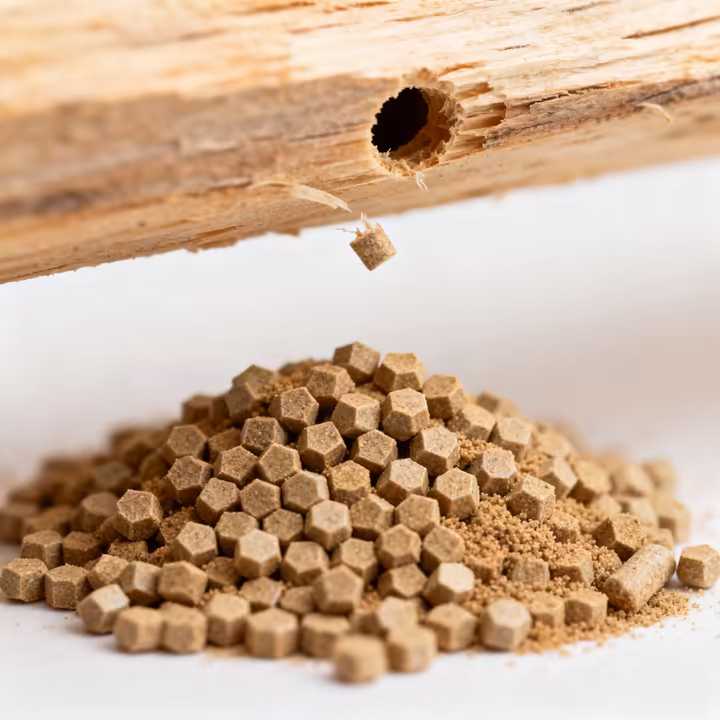 A small mound of hard, six-sided drywood termite frass pellets, resembling coarse sand, on a floor below a tiny kick-out hole in wood.