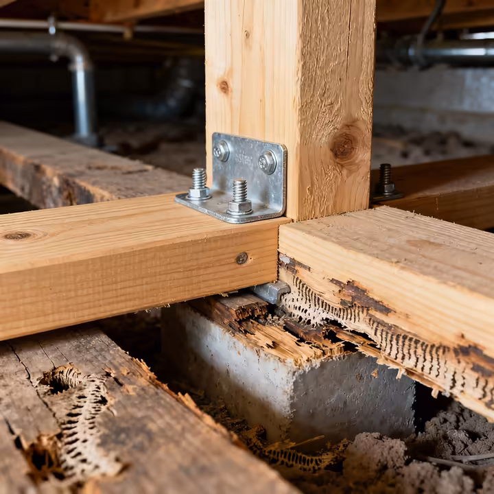 A new wooden floor joist bolted securely alongside a termite-damaged joist to reinforce it.