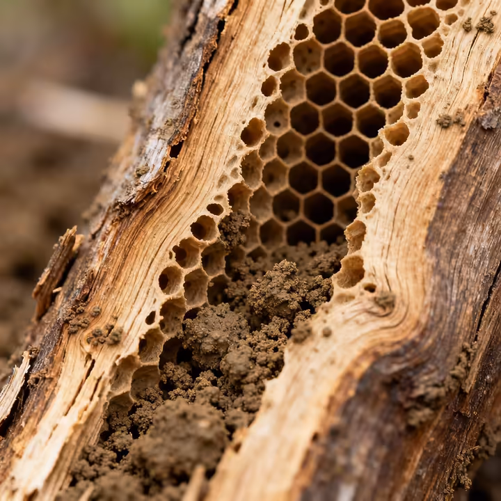 A cross-section of a wooden beam showing the intricate, honeycombed galleries created by subterranean termites.