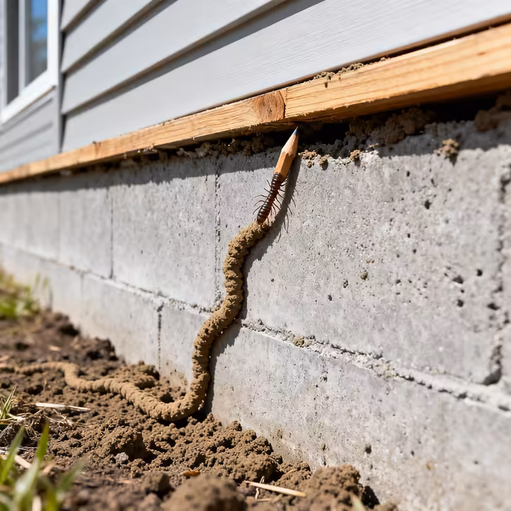 A pencil-sized termite mud tube running up the side of a concrete foundation wall.