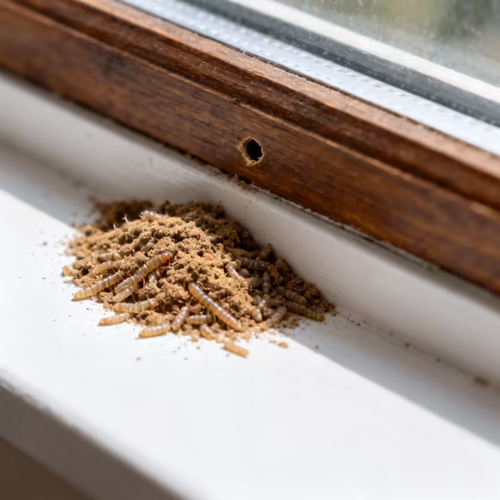 A small, neat pile of termite droppings collected on a white windowsill directly below a small kick-out hole in the wooden frame.