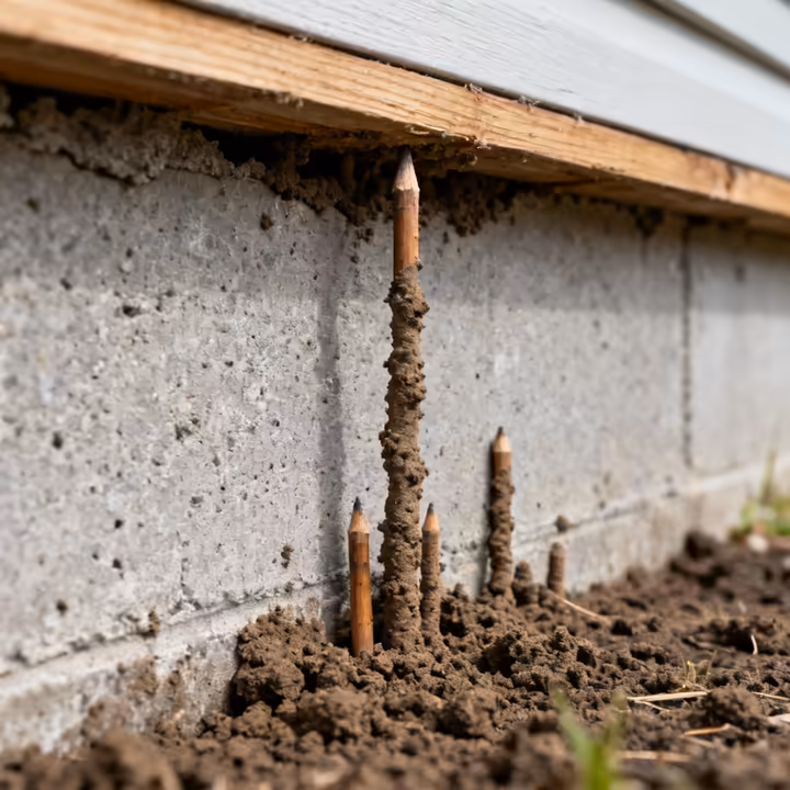 Subterranean termite mud tubes running up a concrete foundation wall to reach wooden structures.