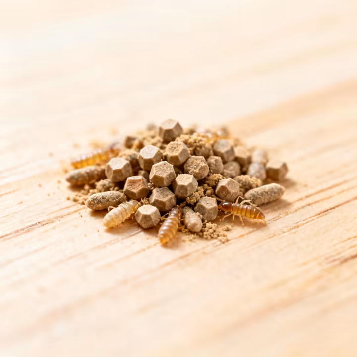 A close-up macro photo of a small pile of termite frass on a wooden windowsill.
