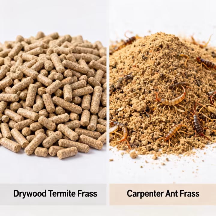 A side-by-side comparison of termite frass (uniform pellets) and carpenter ant frass (wood shavings and insect parts).